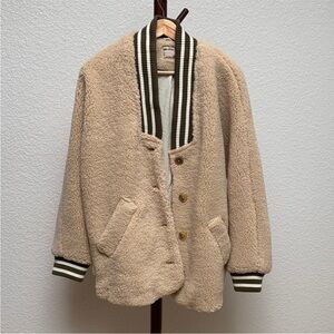 We The Free Cozy Tan Sherpa Jacket with Striped Cuffs
